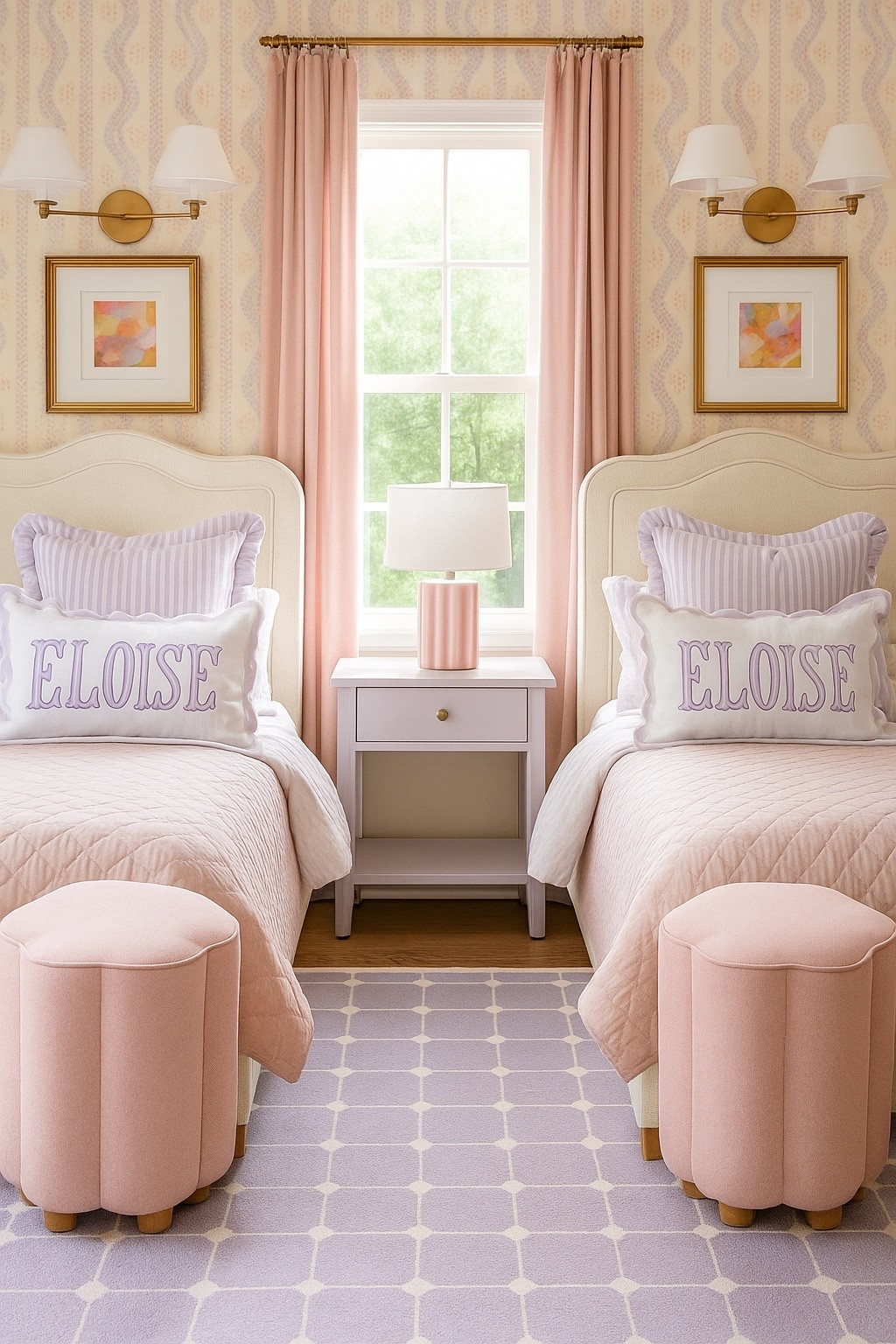 Darling details fill this pink and lilac space - the best part these $50 ottomans are back in stock ! 

#kidsroom #bedroom #bed #homedecor 

#LTKKids #LTKHome #LTKSaleAlert