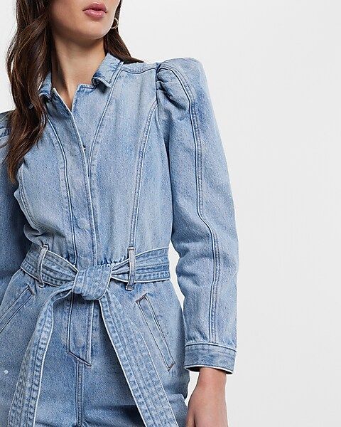 Puff Sleeve Tie Waist Medium Wash Denim Jumpsuit | Express