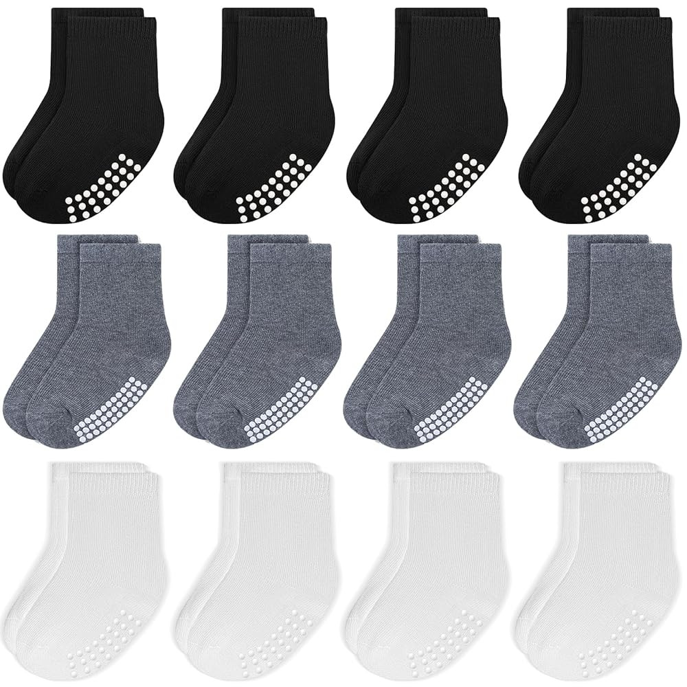 JAKIDAR 12 Pack Baby Toddler Socks Non Slip Grip Cotton Crew Socks for Boys Girls Infants Kids | Amazon (US)