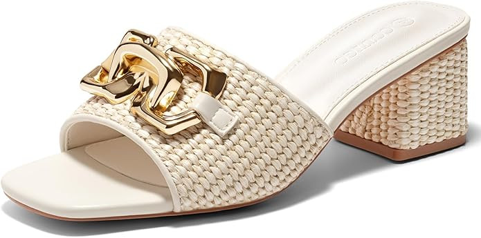 Coutgo Womens Raffia Slide Sandals Chunky Block Heeled Square Open Toe Metal Chain Slip on Mules ... | Amazon (US)