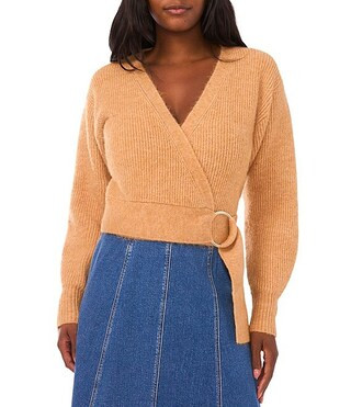 Knit V-Neck Long Sleeve Surplice Wrap Belt Sweater | Dillard's