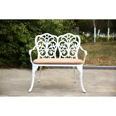 White cast aluminum patio garden bench with floral rose design, perfect for park, lawn, yard, or outdoor patio. | Wayfair North America