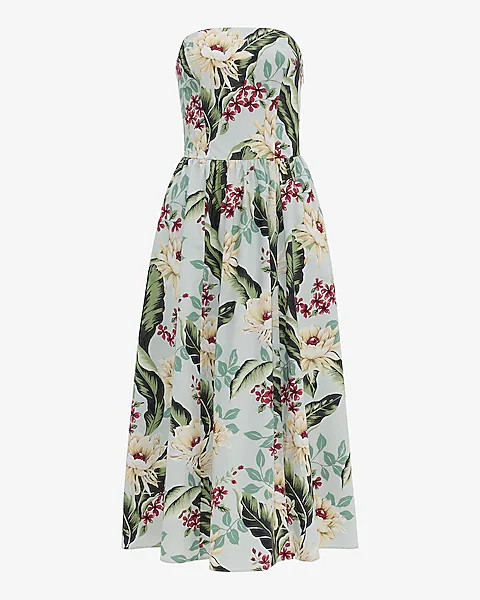 Cotton Poplin Floral Strapless Dipped Waist Midi Dress With Pockets | Express