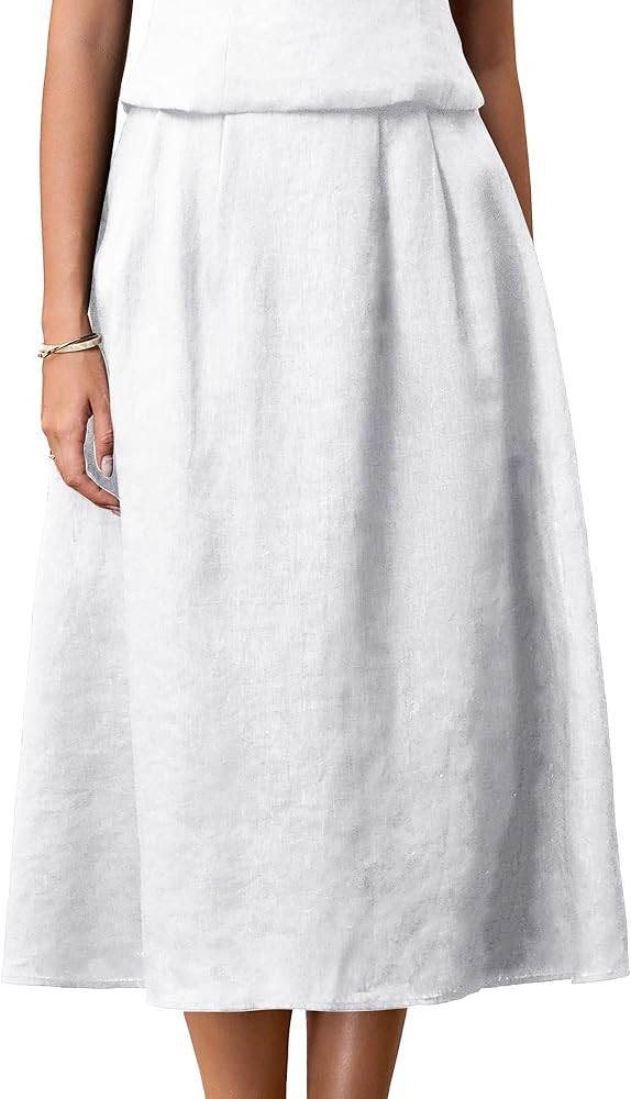 Women's Linen Midi Long Skirt High Waist A-Line Flowy Maxi Skirts Casual Boho Beach Dress | Amazon (US)