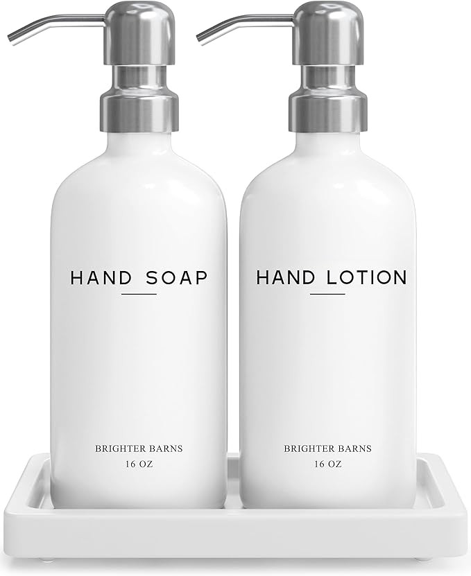 White Glass Soap and Lotion Dispenser Set by Brighter Barns - Bathroom Soap Dispenser Set Tray - ... | Amazon (US)