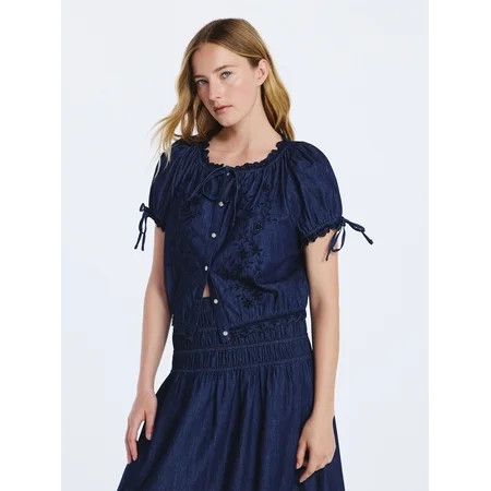 Free Assembly Women's and Women's Plus Embroidered Cropped Cotton Top with Short Sleeves, Sizes-X... | Walmart (US)