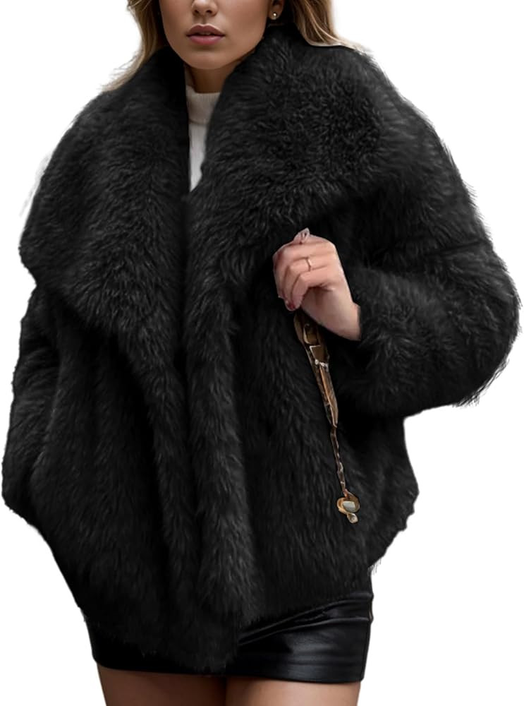 Yimoon Women's Cropped Faux Fur Jacket Lapel Open Front Shaggy Furry Coat 2024 Winter Warm Fluffy... | Amazon (US)