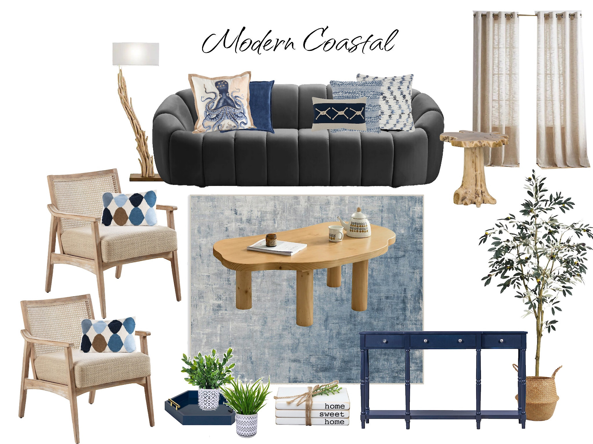 You can hear the sounds of the waves lapping ashore through the linen curtain covered windows, in this modern coastal living room. Coastal decor, curved sofa, gray sofa, modern sofa, rattan chair, olive tree, basket, coffee table styling, live edge table

#LTKstyletip #LTKhome #LTKsalealert