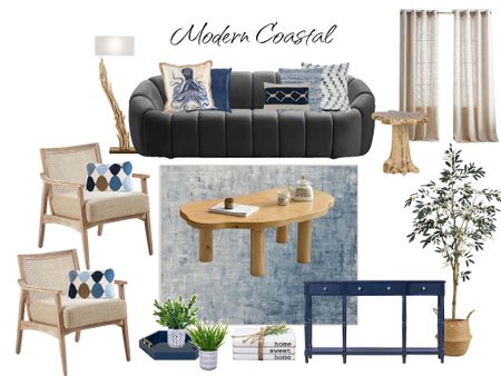 You can hear the sounds of the waves lapping ashore through the linen curtain covered windows, in this modern coastal living room. Coastal decor, curved sofa, gray sofa, modern sofa, rattan chair, olive tree, basket, coffee table styling, live edge table

#LTKstyletip #LTKhome #LTKsalealert