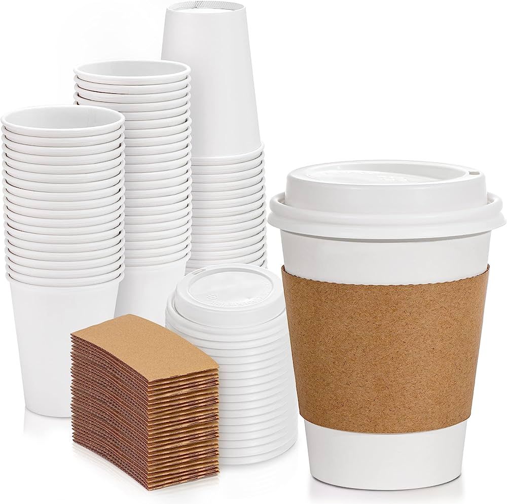 [50 Pack] White Coffee Cups with White Dome Lids and Brown Sleeves - 12oz Disposable Paper Coffee... | Amazon (US)