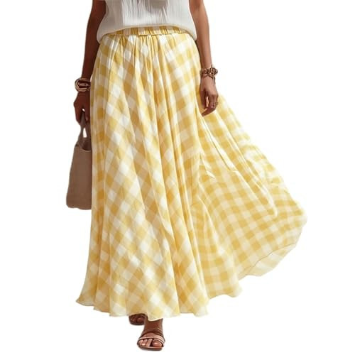 Boho Skirts for Women Midi Length,Loose Fit Plaid Long Flowy Skirt,Breathable Elastic High Waist A-Line Swing Dresses,Summer Casual Beach Vacation Outfits Yellow Medium | Amazon (US)