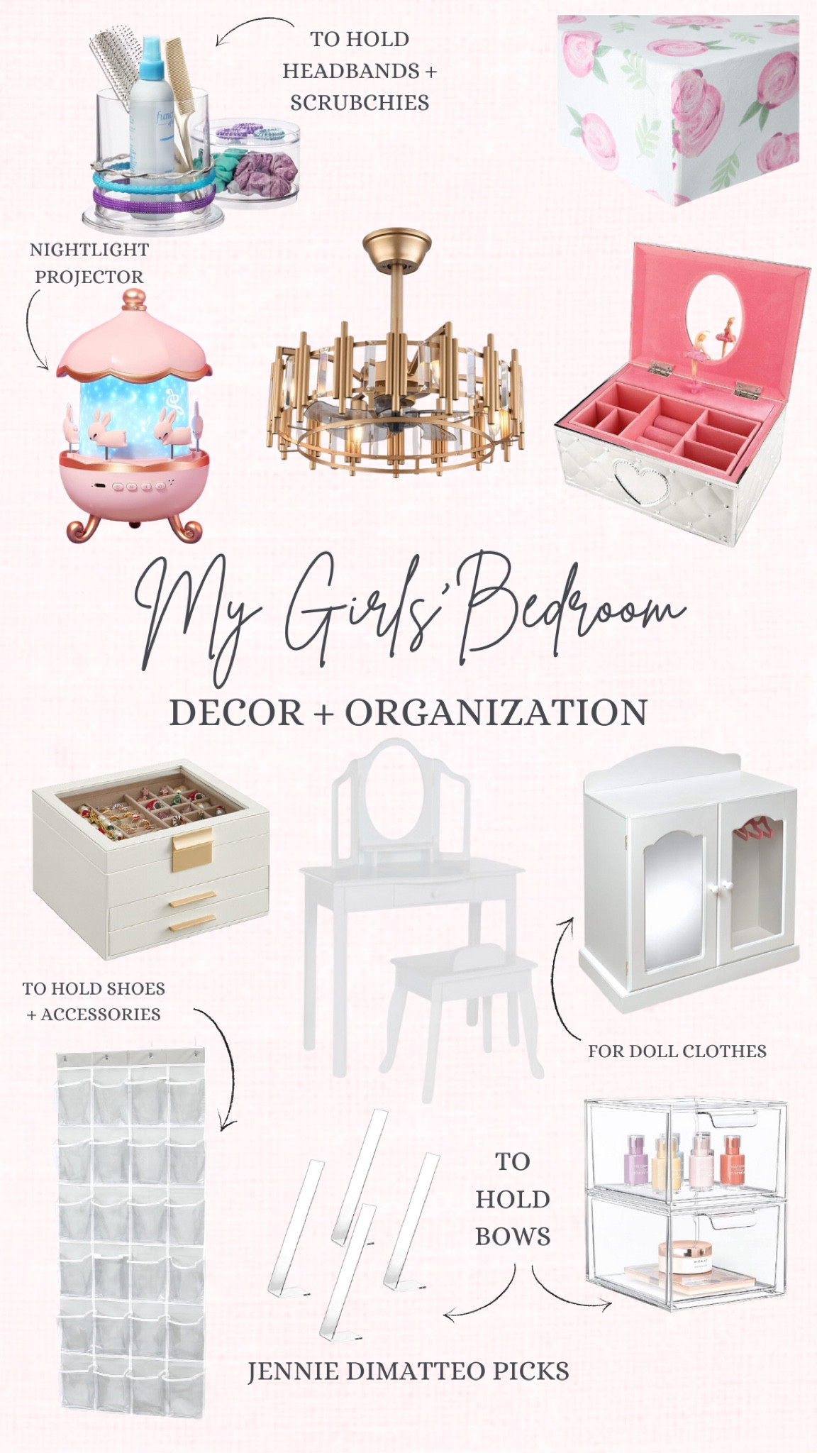 My girls bedrooms, organization, decors jewelry box acrylic dolls vanity. Pink bedroom. Chandelier fan. Gold decor. Pink bedroom. Girls room decor. Bow organization  

#LTKhome #LTKkids #LTKfamily