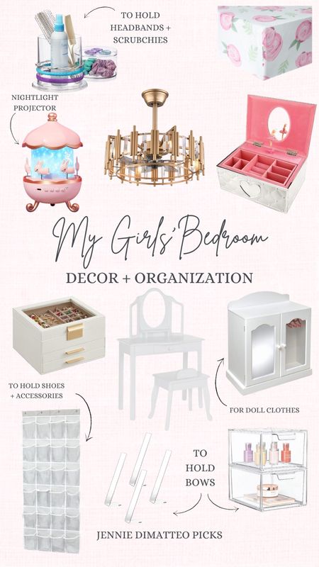 My girls bedrooms, organization, decors jewelry box acrylic dolls vanity. Pink bedroom. Chandelier fan. Gold decor. Pink bedroom. Girls room decor. Bow organization  

#LTKhome #LTKkids #LTKfamily