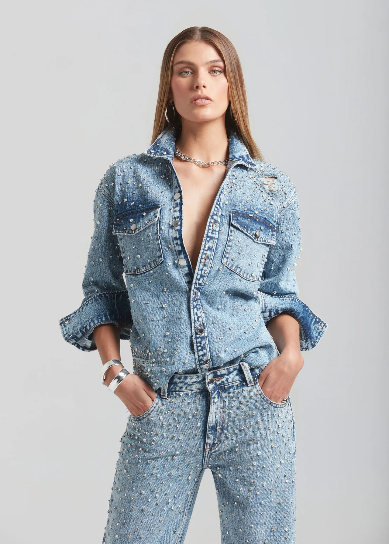 Doreen Crystal Embellished Denim Shirt | Retrofete