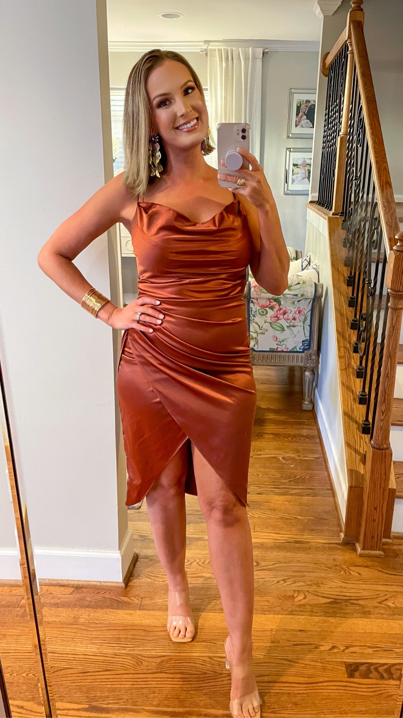 Wedding guest dress for fall 🍁
Burnt orange ruched dress, midi dress. 

#LTKunder50