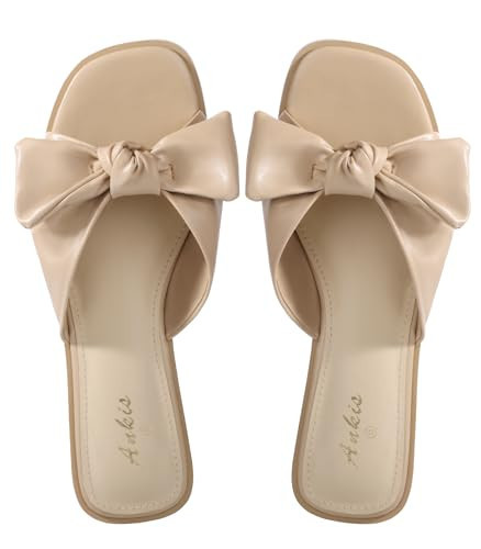 Ankis Nude Sandals Womens Bow Flat Sandals Dressy - Cute Summer Beach Sandals for Women 2026, Square Open Toe Comfortable Slip On Slide Sandals Bride Wedding Bridal Dress Shoes Slippers | Amazon (US)