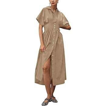 Yeokou Shirt Dress for Women Summer Casual Short Sleeve Button Down Loose Pleated Maxi Sundress w... | Amazon (US)