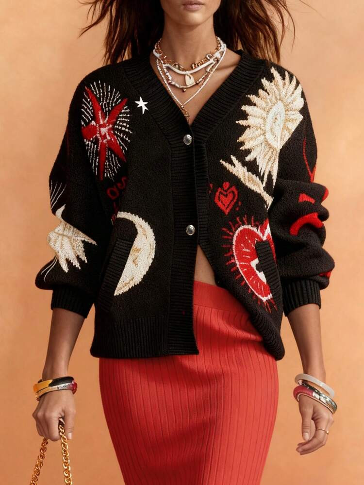 Sea Starshine Autumn/Winter Women's Fashion: Casual Commuter & Homewear Sun-Heart Star Jacquard Knit Cardigan With Metal Buttons Drop-Shoulder Long-Sleeve Knit Cardigan Round-Neck Sweater Autumn Women's Wear Perfect For Country Music Concerts, Valentine's Day, And Spring Festival Outfits | SHEIN