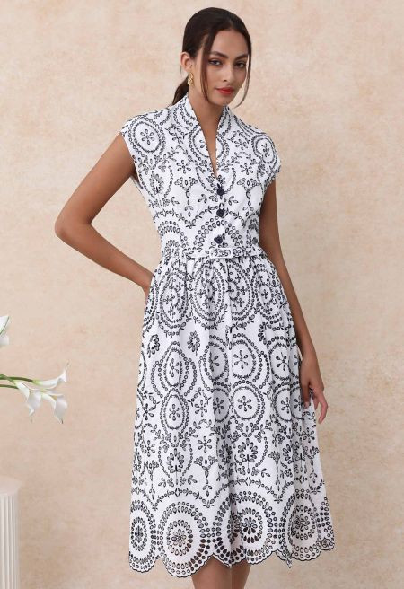 Sunny Poise Navy Embroidered Belted Midi Dress | Chicwish