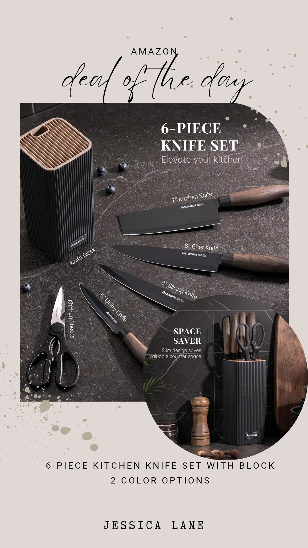 Upgrade your kitchen setup with this sleek 6-piece knife set and block. It combines a space-saving design with beautiful wood-tone handles.#kitchenfinds #cookingessentials #amazonhome #kitchengadgets

#LTKSaleAlert #LTKHome #LTKWedding