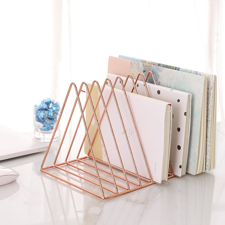 Sooyee 9 Slot Rose Gold Magazine Holder,Desktop File Sorter Organizer Triangle Bookshelf Decor Ho... | Amazon (US)