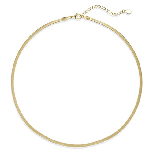 NUZON 18K Gold Plated Snake Chain Necklace Thick Flat Herringbone Necklace Gold Choker Necklaces for Women Jewelry 3MM 16" Adjustable | Amazon (US)