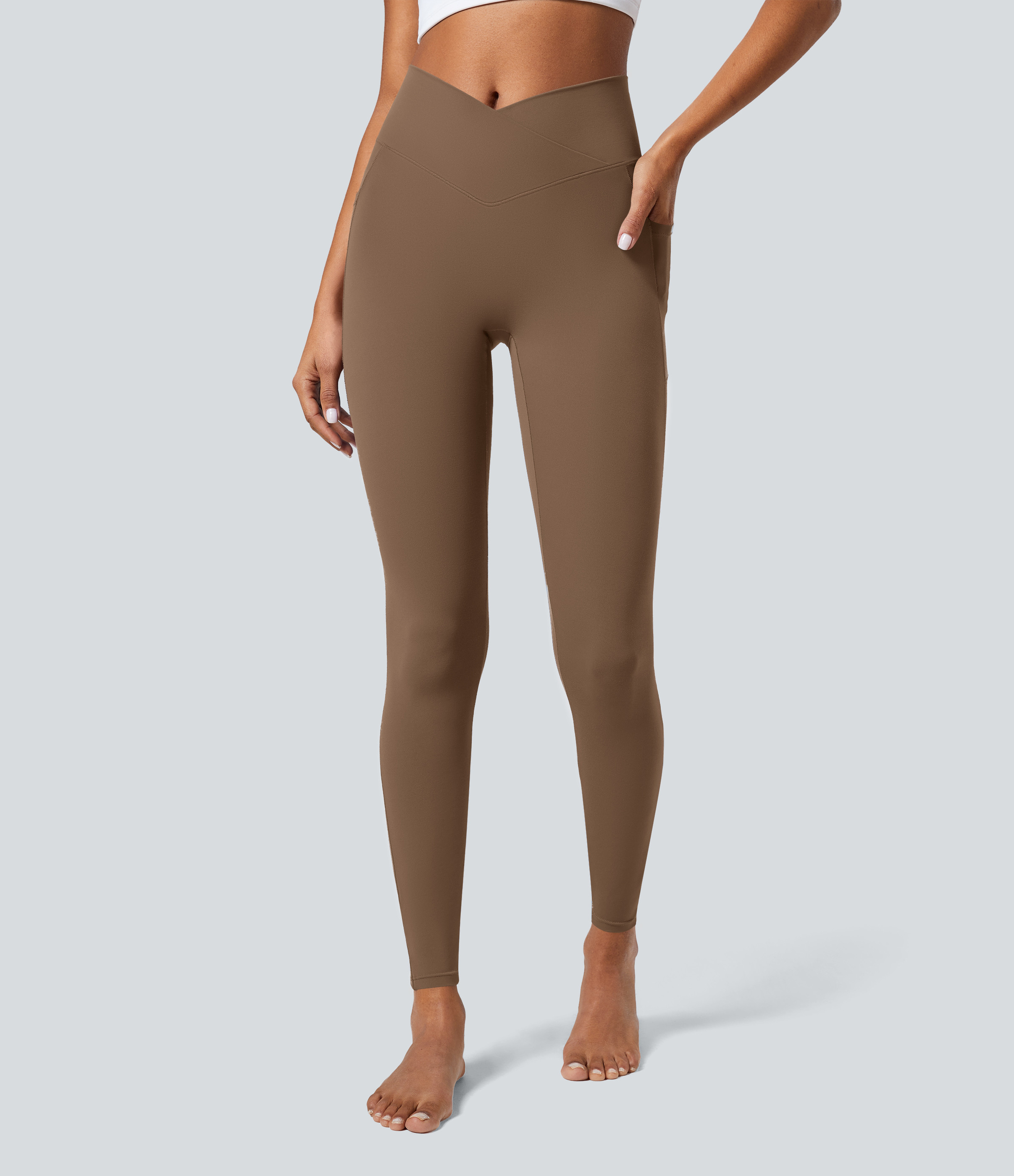 Halara SoftlyZero™ Crossover Pocket Plain Leggings-UPF50+ - Muted Brown - L(7/8) gym leggings leggings with pockets leggings with butt lift | HALARA