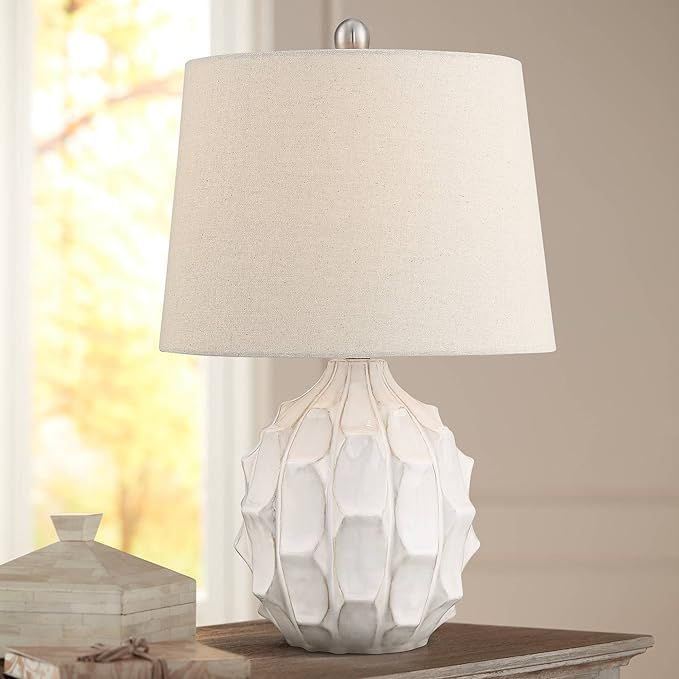 Ellen Mid Century Modern Accent Table Lamp White Ceramic Linen Tapered Drum Shade for Living Room... | Amazon (US)