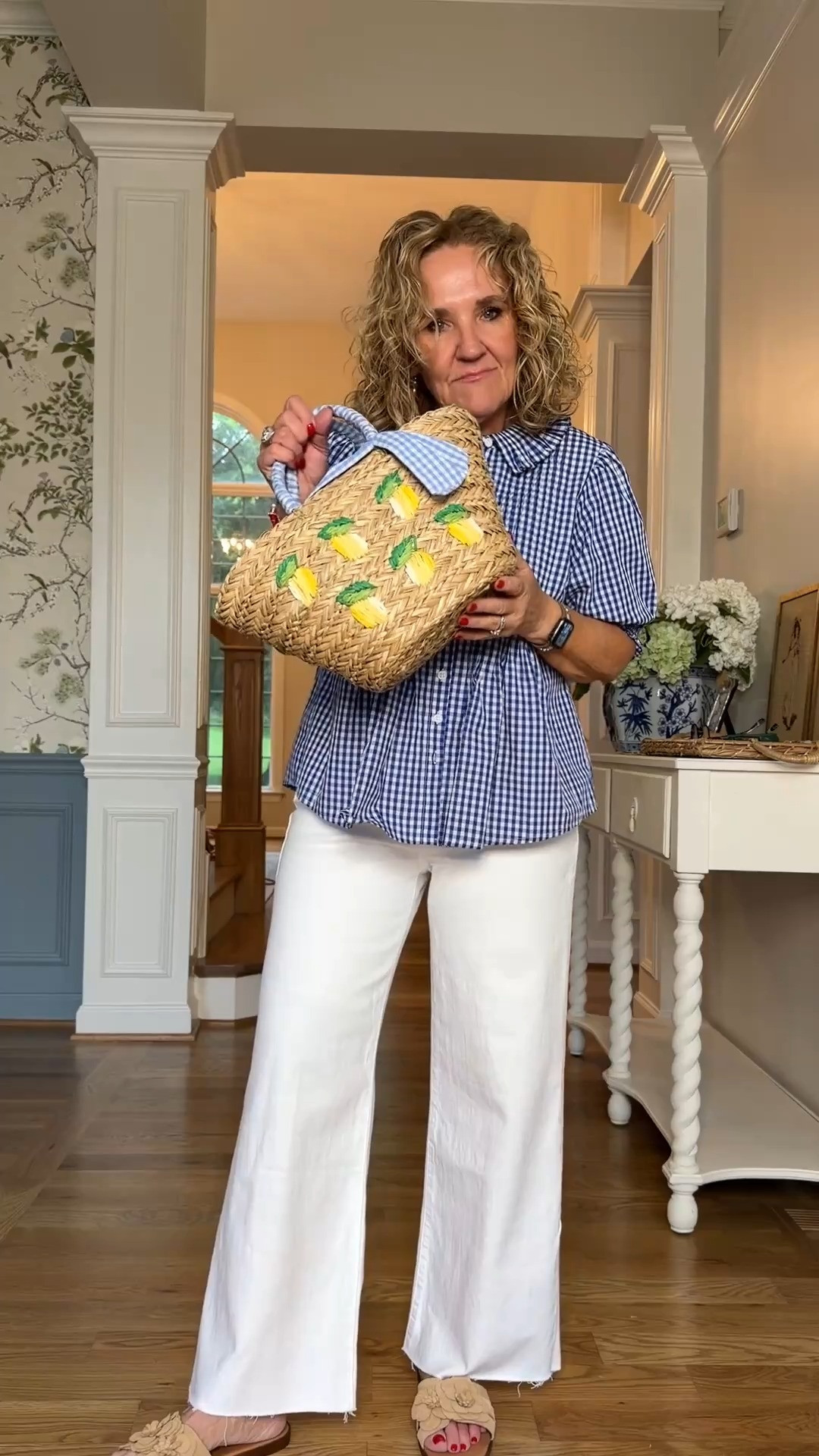 Blue gingham and white pants are a summer pairing that never goes out of style. 💙🤍

And let’s talk about the bag, it isn’t just an accessory, it becomes part of the outfit. ✨

💡 LTK MADE EASY

❤️ Heart = Support my posts
🔖 Save = Get sale & restock alerts
📋 Lists = Keep favorites organized
📲 Share = Send to yourself for later
💬 Comment = Ask me anything 

 #LTKootd #LTKSeasonal #LTKOver40