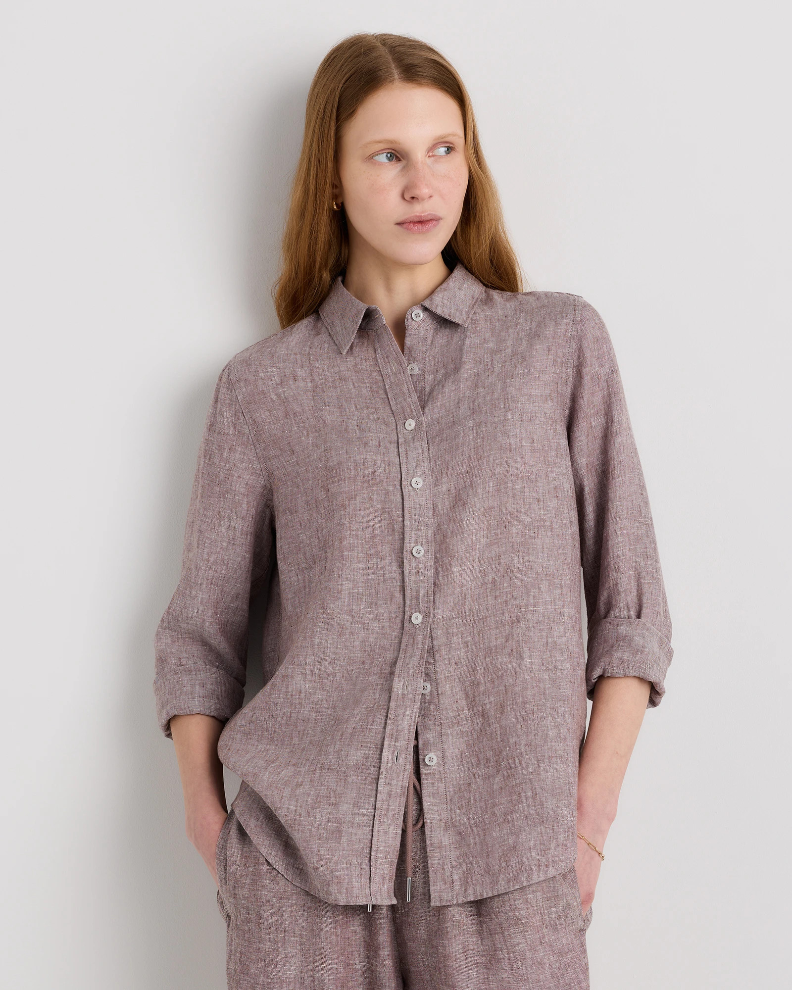 Quince | Women's 100% European Linen Long Sleeve Shirt in Blue Pinstripe, Size Medium | Quince