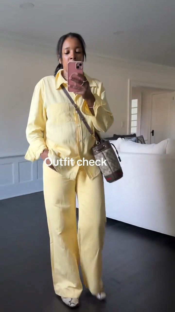 Yellow outfit linen blend shirt pants faux snake skin shoes gucci crossbody casual work outfit #style #fashion #workwear #casual #linen #yellow #nyc 

#LTKOver40 #LTKootd #LTKWorkwear
