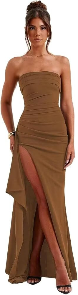 vintys Women's Strapless Prom Dresses Corset Formal Party Dress Light Brown Mustard Tan Dress  | Amazon (US)