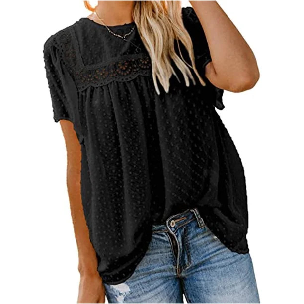 Women's Summer Short Sleeve Blouses Loose Casual Babydoll Boho Shirts Crewneck Top Solid Color To... | Walmart (US)