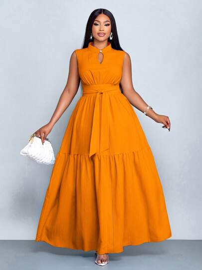 SOLERSUN Plus Size Blue Color Stand Collar Front Cut Out Sleeveless Cinched Waist Tie Knot Dress ... | SHEIN