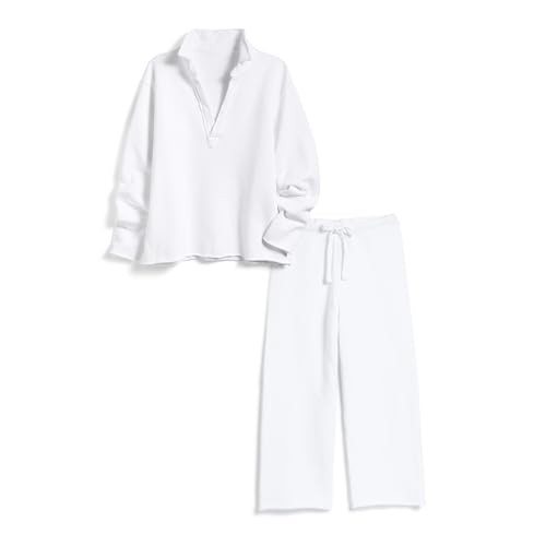 SeeLuNa Lounge Sets for Women 2 Piece Outfits Long Sleeve V Neck Pullover Sweatshirts Wide Leg Pants Travel Tracksuit Set(White,XS) | Amazon (US)