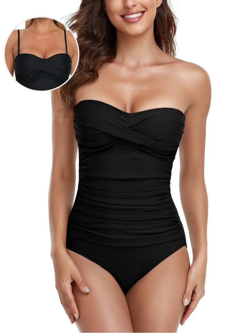 RELLECIGA Women's Black Twist Front Ruched One Piece Swimwear Bandeau Strapless Swimsuit Tummy Co... | Walmart (US)