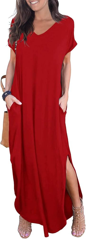 GRECERELLE Women's Casual Loose Pocket Long Dress Short Sleeve Split Maxi Dresses | Amazon (US)