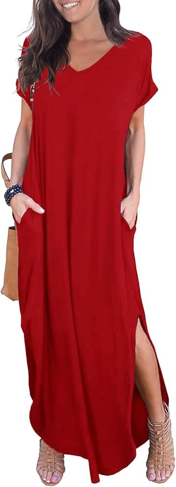 Women's Casual Loose Pocket Long Dress Short Sleeve Split Maxi Dresses | Amazon (US)