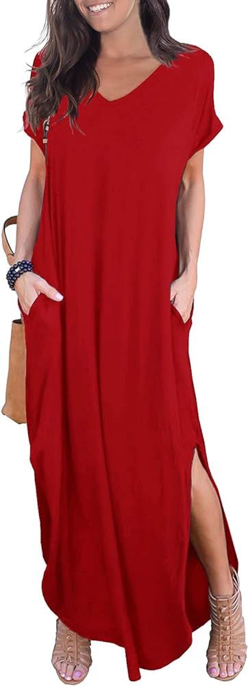 Women's Casual Loose Pocket Long Dress Short Sleeve Split Maxi Dresses | Amazon (US)