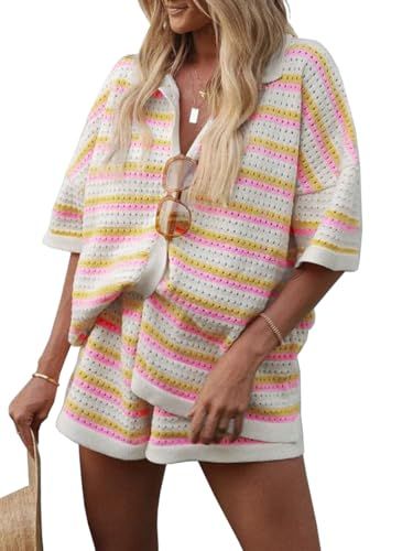 Tankaneo Womens Short Sleeve Striped Pajama Sets Color Block Crochet Knit Button Top and Shorts 2... | Amazon (US)
