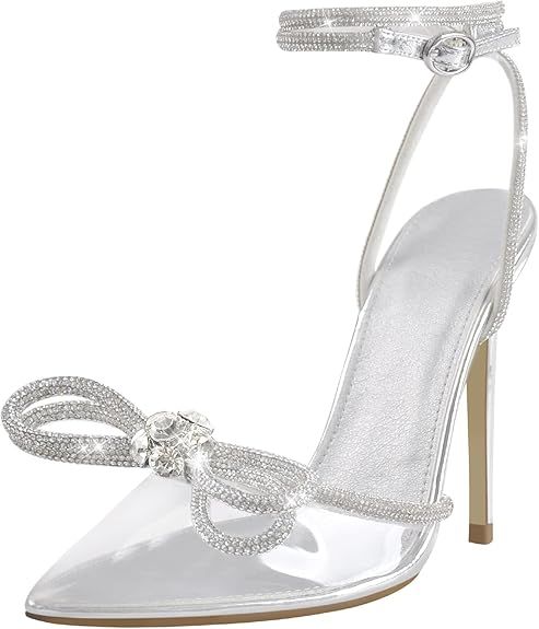 Women's Pointy Toe Satin High Heels Ankle Strap Rhinestone Stilettos Bowknots Wedding Sandals | Amazon (US)