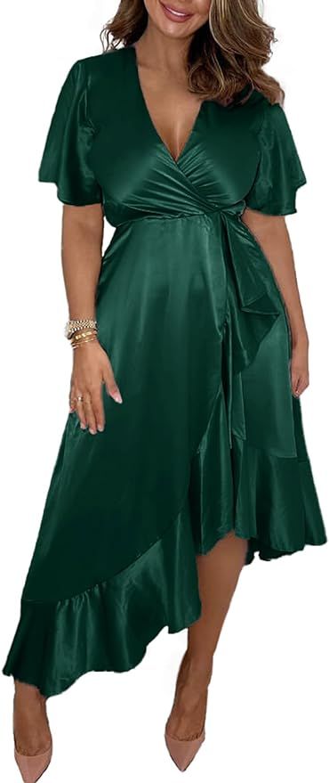 BerryGo Women's Satin Ruffle Wrap High Low Semi Formal Dress Sparkly Silky Cocktail Prom Midi Dre... | Amazon (US)