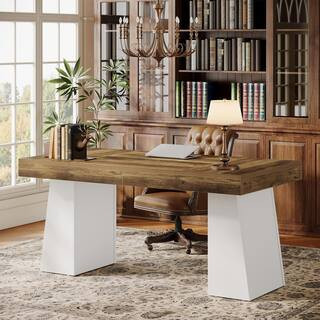 Moronia 55 in. Modern Rectangle Vintage Brown and White Engineered Wood Executive Desk with Double Pedestal | The Home Depot