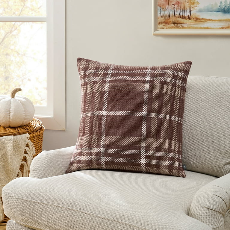 My Texas House 20" x 20" Aurelia Brown Plaid Cotton Decorative Pillow Cover | Walmart (US)