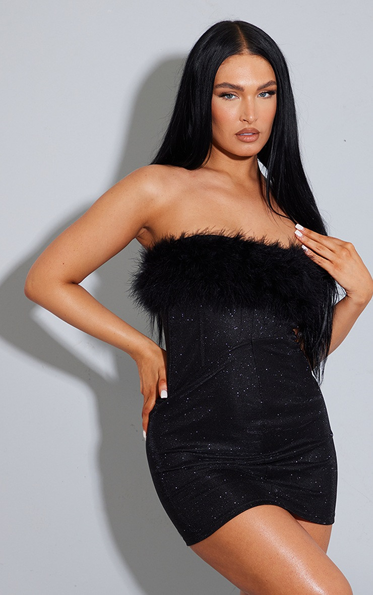Black Glitter Corset Feather Bandeau Bodycon Dress | PrettyLittleThing US