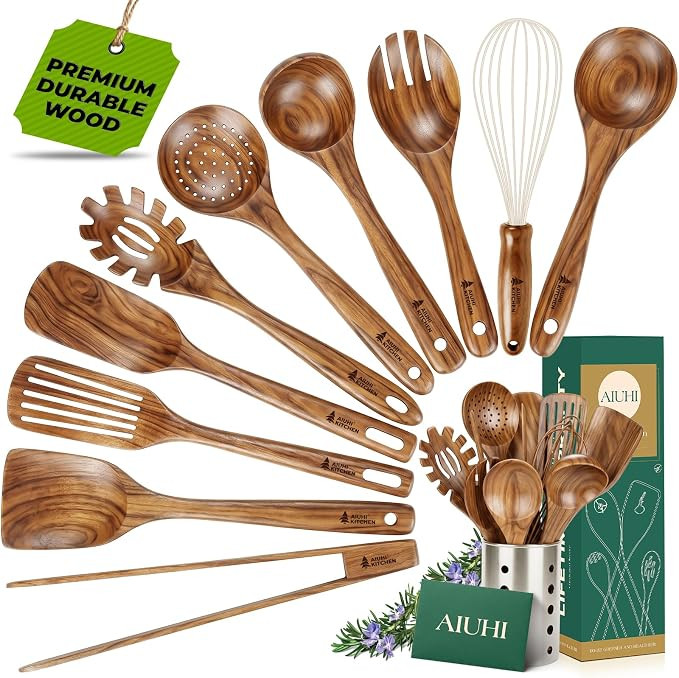 11-Piece Natural Teak Wood Kitchen Utensil Set with Holder, Wooden Spoons and Cooking Utensils fo... | Amazon (US)