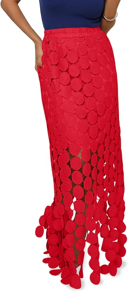 Cicy Bell Womens Hollow Out Maxi Skirts Summer High Waisted Boho Fringe Hem Long Skirt | Amazon (US)