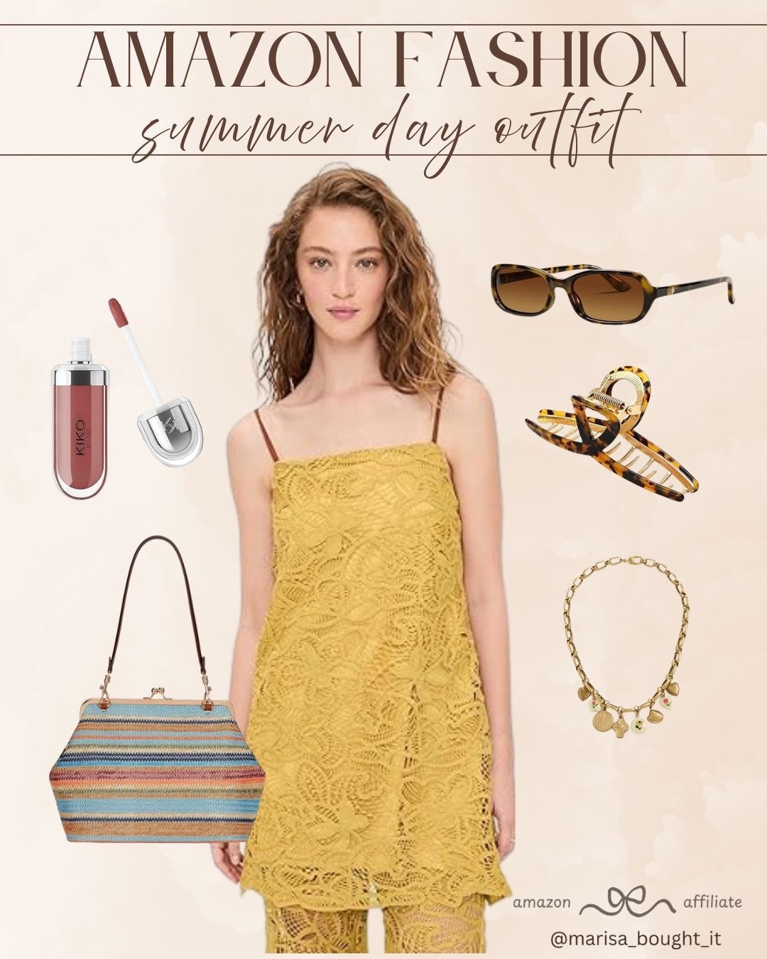 ☀️ Summer days call for effortless style. I am styling this stunning yellow lace matching set with colorful woven textures and warm tortoiseshell accents for the ultimate sunny-day aesthetic.
💄 Finished the look with a swipe of glossy mauve lip color and gold charm details.
#SummerFashion #AmazonFinds #LaceDress #SummerOOTD #AmazonStyle #VacationMoot #WarmWeatherStyle

#LTKootd #LTKSeasonal