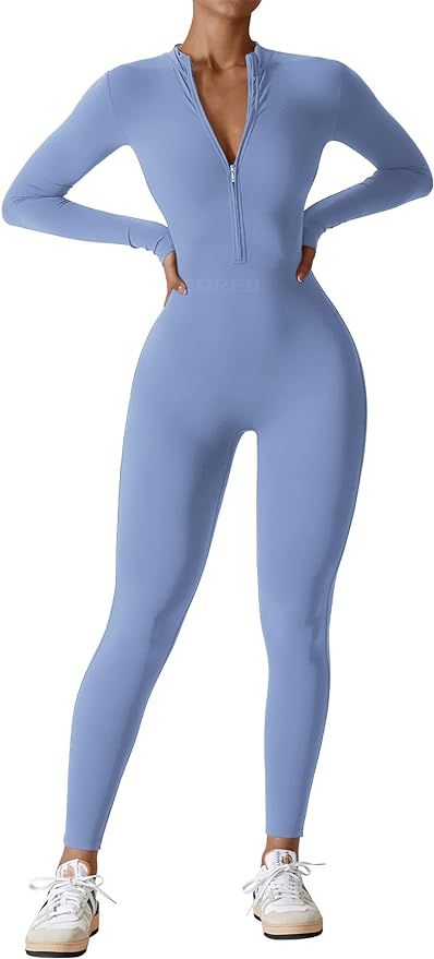 YEOREO Women Workout Jumpsuit Zip Up Romper Bottom Pants Long Sleeve Bodysuit Bodycon Sexy One Pi... | Amazon (US)