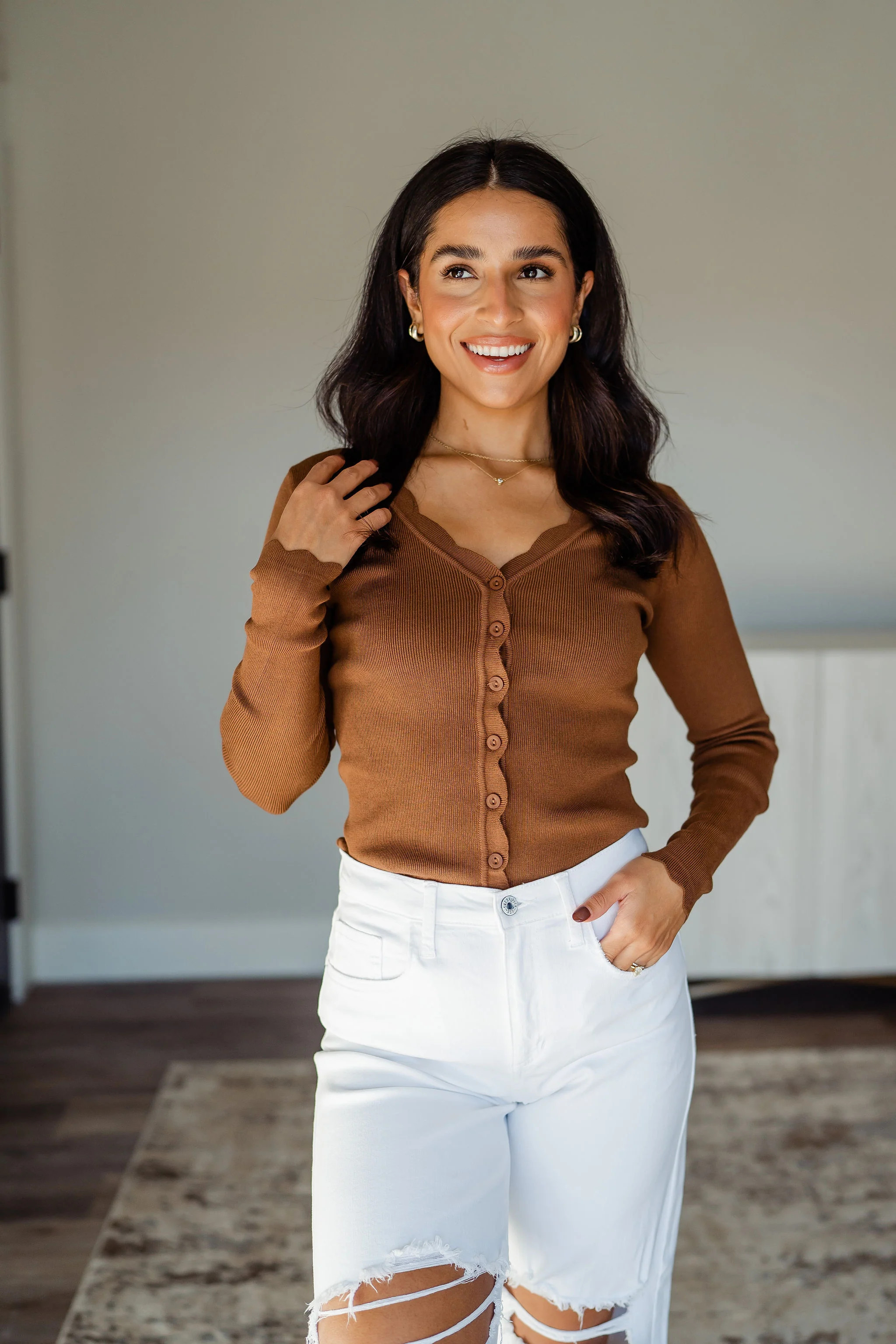 Espresso Scalloped Hem Cardigan | All About You